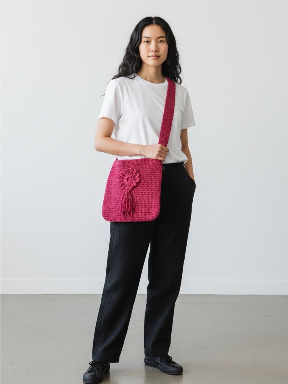 Pink Crochet Shoulder Bag with 3D Flower:Boho Purse
